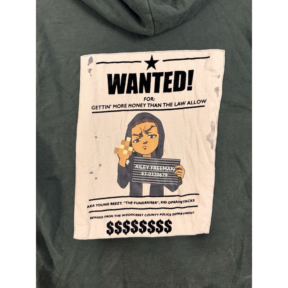 The Boondocks Riley Freeman Wanted Hoodie Large Green Adult Swim Cartoon